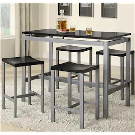 Counter Height Contemporary Silver Metal Table with Black Top and 4 Stools